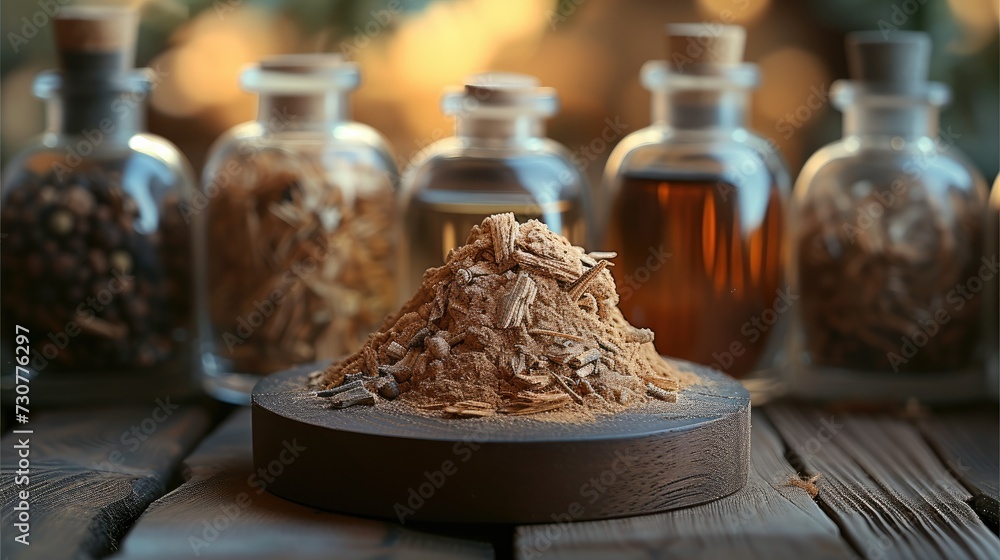 A perfumery ingredients sandalwood and its warm, inviting scent. Generative AI. A perfumery ingredients sandalwood and its warm, inviting scent. Generative AI.