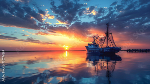 .A dramatic sunset scene over a tranquil harbor photo