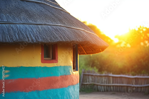 A beautiful colorful traditional ethnic African round hut of the Ndbele tribe in a village in South Africa in the peaceful evening sun photo