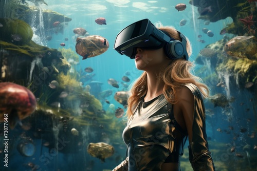 a woman wearing a virtual reality headset in front of a fish tank © Isaac