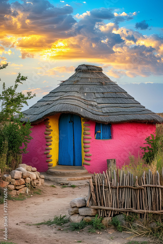 A beautiful colorful traditional ethnic African round hut of the Ndbele tribe in a village in South Africa in the peaceful evening sun photo