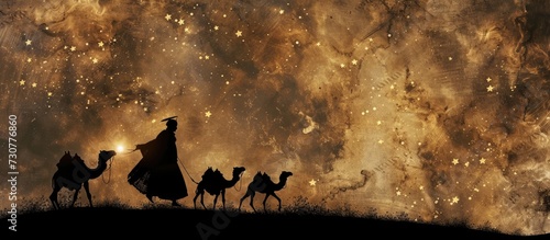 Silhouette of people riding camel