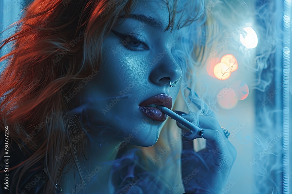 Obraz premium A woman is captured smoking a cigarette, the tendrils of smoke curling around her in a moment of contemplation or relaxation.