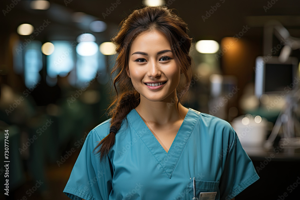 Asian female nurse with confident smile and her hair is in braid wearing green scrub suit. She is standing in hospital room with equipment in background Asian female nurse with confident smile and her hair is in braid wearing green scrub suit. She is standing in hospital room with equipment in background