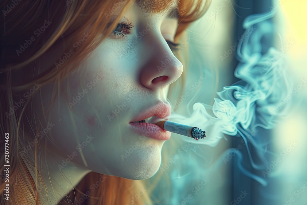Obraz premium A woman is captured smoking a cigarette, the tendrils of smoke curling around her in a moment of contemplation or relaxation.