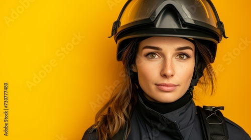 Youthful female firefighter with a reflective black helmet and uniform, showcasing readiness and calm. © burntime555