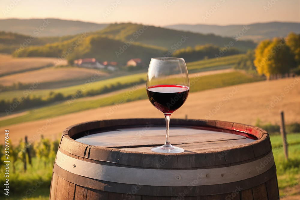 Glass of red wine on a barrel in the countryside, warm light