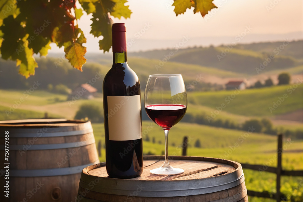 Glass of red wine on a barrel in the countryside, warm light