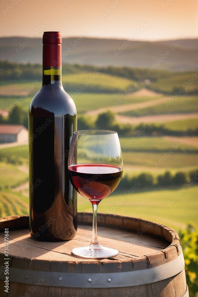 Glass of red wine on a barrel in the countryside, warm light Glass of red wine on a barrel in the countryside, warm light