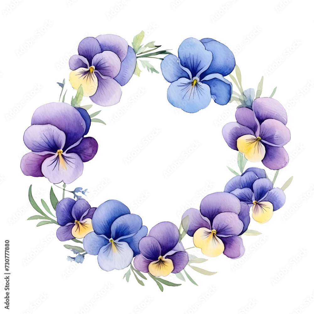 Watercolor bright wreath of Pansy flower png element clipart for print invitation card decoration