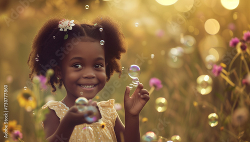 Black little girl holding bubbles and smiling at camera
