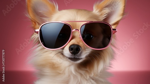 Fluffy chihuahua wearing sunglasses on a trendy pink background, portrait of a pet front view © Nikolai