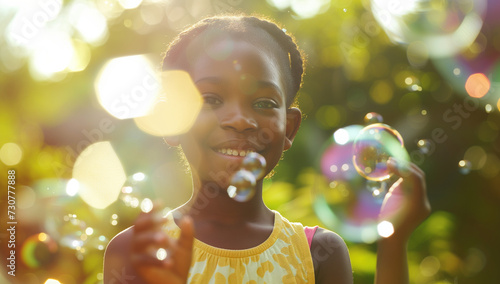 Black little girl holding bubbles and smiling at camera