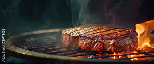 Sizzling on the grill, the steak's juices caramelize in the heat, a testament to the art of cooking. Grilled meat fills the air, as flames dance around the edges, sumptuous cut of beef photo