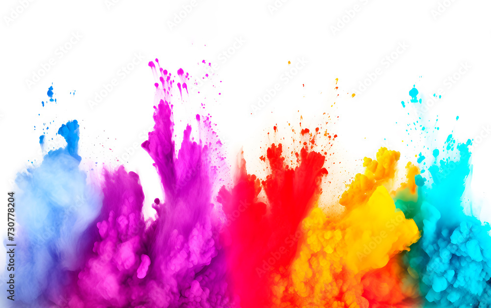 Obraz premium Multicolored bright splash Holi on white background, copy space.