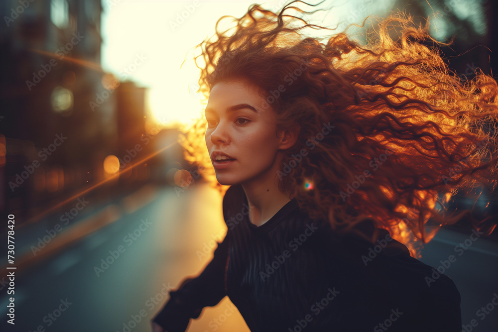 woman with curly hair running down the street at sunset