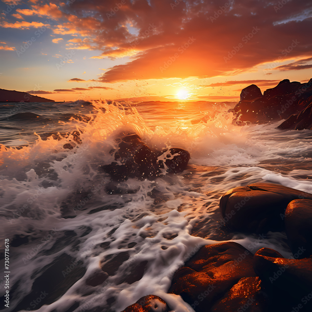 Waves crashing on a rocky beach at sunset.