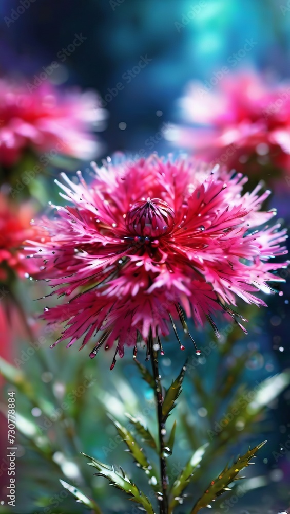 This image captures the delicate beauty of dew-kissed pink aster flowers against a blurred blue background, highlighting the freshness of an early morning garden. This image captures the delicate beauty of dew-kissed pink aster flowers against a blurred blue background, highlighting the freshness of an early morning garden.