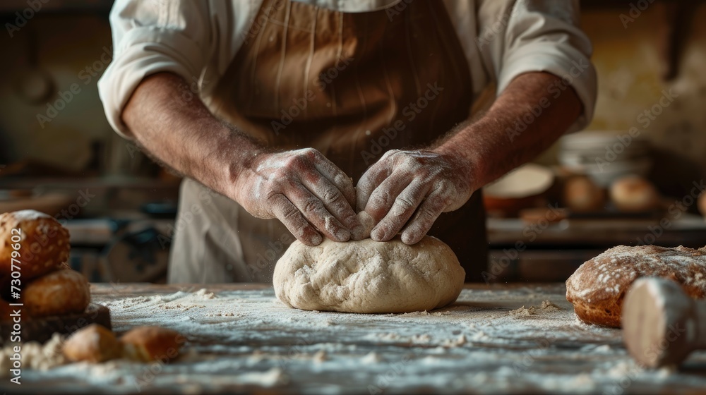 A guy on a table kneading dough. Generative Ai.
