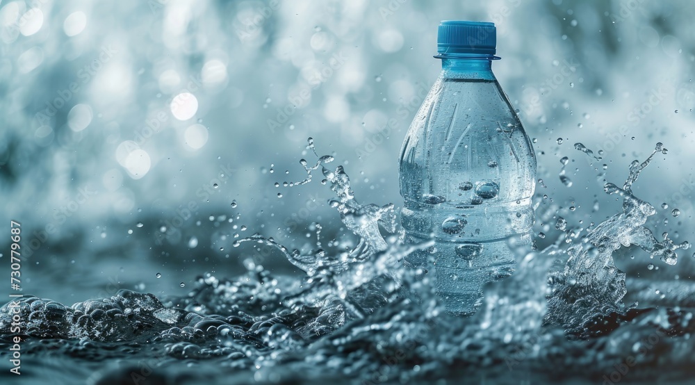 A bottle surrounded by a splash of water captures a dynamic moment frozen in time. A bottle surrounded by a splash of water captures a dynamic moment frozen in time.