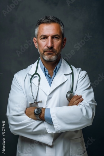 Senior doctor with a stethoscope, arms crossed, exhibiting years of experience and a calm demeanor.