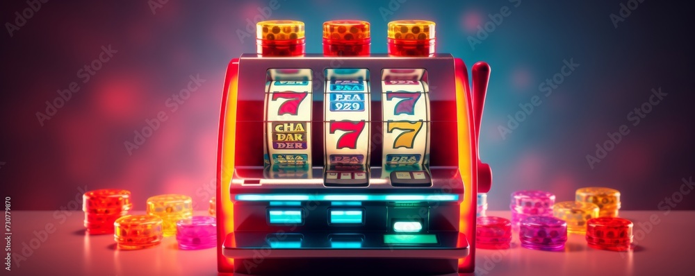 Slot machine on a dark background. Gambling. Generative AI.