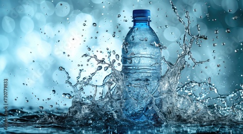 A bottle surrounded by a splash of water captures a dynamic moment frozen in time.