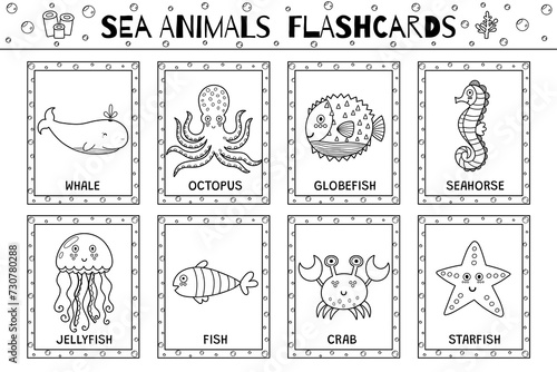 Sea animals flashcards black and white collection for kids. Flash cards set with cute water characters for coloring in outline. Whale, octopus, jellyfish and more. Vector illustration