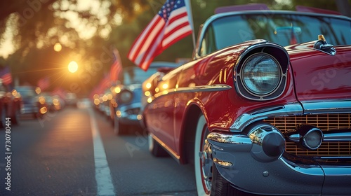 A vintage automobiles adorned with American flags. AI generate illustration © PandaStockArt