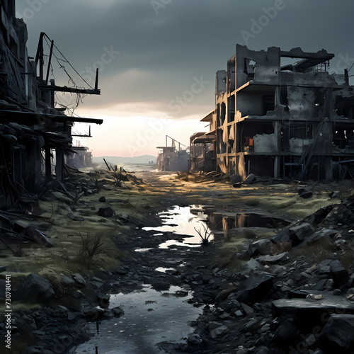 Dystopian landscape with abandoned buildings.