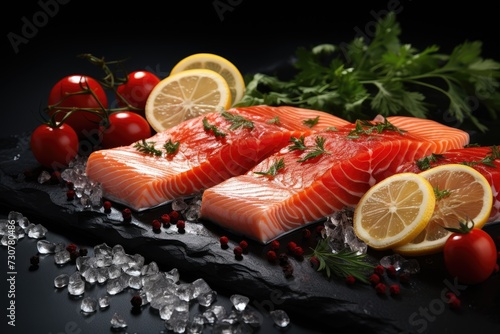 Food banner with fresh sea fish, raw salmon fillet on a black stone background with copy space. Large piece of red fish before cooking with ice cubes. Fish sale. Top view