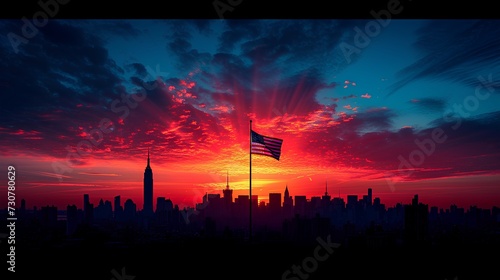 The silhouette of the New York City skyline against a vibrant sunset sky. AI generate illustration © PandaStockArt