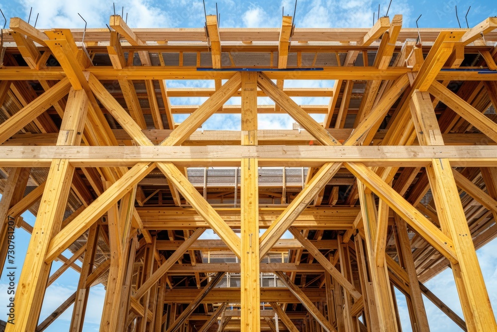 Interior of a wooden frame house under construction. Interior of a wooden frame house under construction.