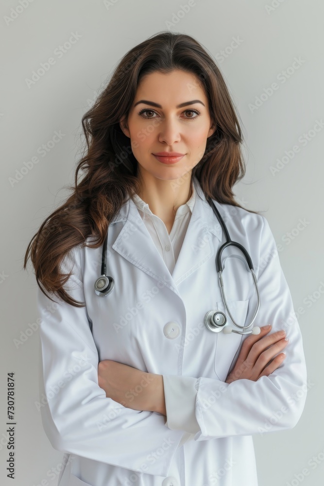 Confident female doctor with crossed arms wearing a white coat and stethoscope. Confident female doctor with crossed arms wearing a white coat and stethoscope.
