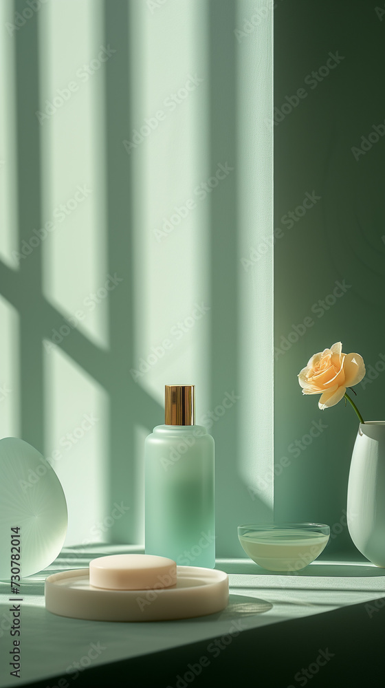 Cosmetic mock up on green background with shadows