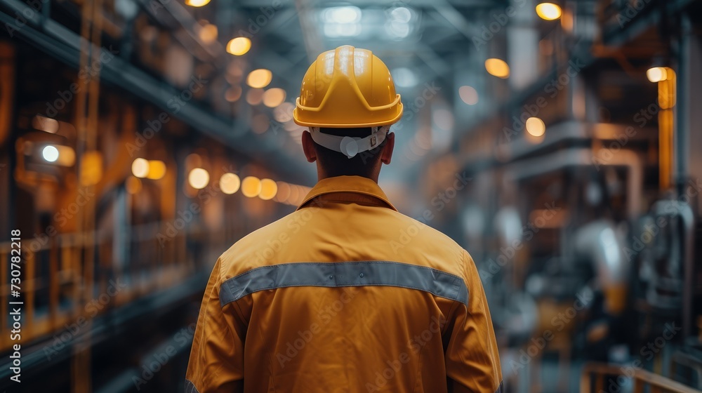 Back view, Industrial Engineers in Hard Hats Work at the Heavy Industry Manufacturing Factory. industrial worker indoors in factory. Safety first concept. Generative AI.