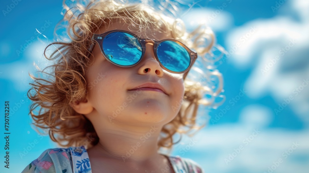 A little toddler wearing sunglasses up close. Generative Ai.