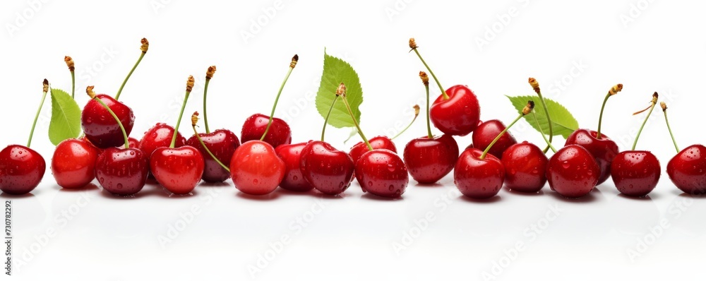 Fresh juicy sour cherries on a white background. Generative AI. Fresh juicy sour cherries on a white background. Generative AI.