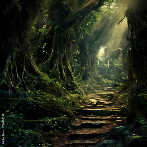 Enchanted pathway through a mystical forest.