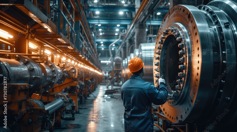 Fototapeta premium Engineer are overhauling bearing equipment in an industrial plant. Generative AI.