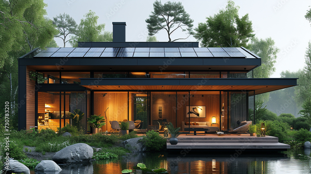 single-storey house in the garden with solar energy panels on it, environmentally friendly house single-storey house in the garden with solar energy panels on it, environmentally friendly house