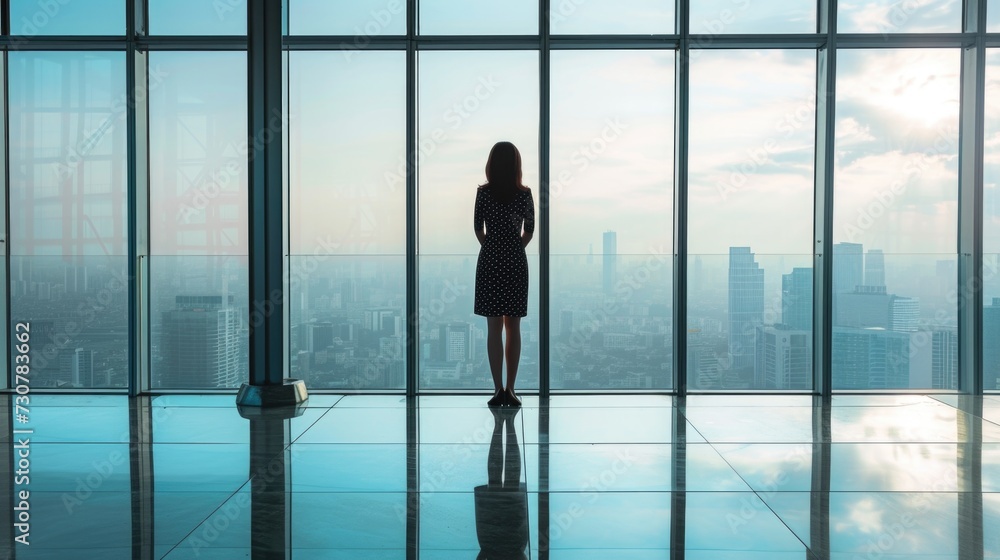 Fototapeta premium Corporate Dreamer: Woman Gazing Over Cityscape from High-rise Building