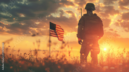 Soldier and US flag on sunrise background .Concept National holidays Veterans Day, Independence Day, Patriot Day