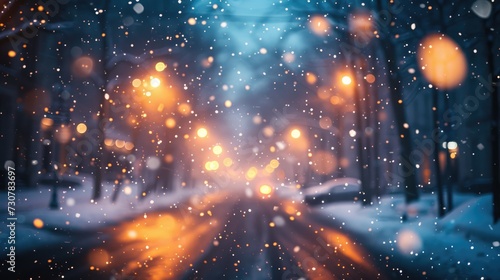 In the city coated in snow, the street lights are on. Generative Ai. © Concept Killer