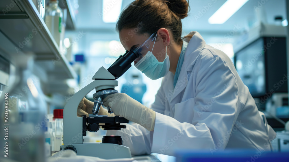 Dedicated Female Scientist Examining Specimens with Microscope in Laboratory Dedicated Female Scientist Examining Specimens with Microscope in Laboratory