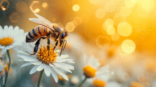 Bee gathering pollen on a flower with a honeycomb background, [honeycomb day