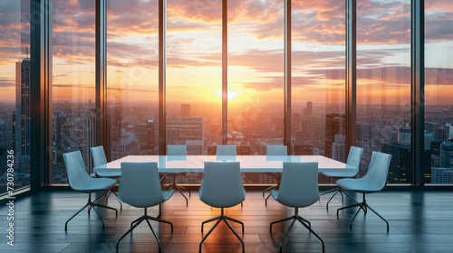 Modern Meeting Room with Cityscape View at Sunset