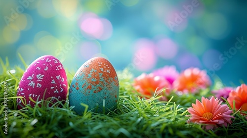 Pastel-colored Easter eggs nestled in a bed of green grass on a cheerful banner, [Easter banner Easter basket pastel background for designer work