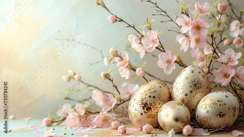 Elegant Easter banner featuring intricate floral arrangements and golden egg accents, [Easter banner Easter basket pastel background for designer work