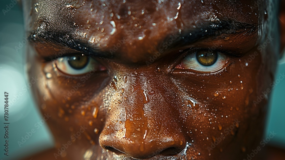 Focus and Determination: Capture a close-up shot of a boxer's face, showing their focus and determination as they prepare to enter the ring. ,[boxing - obrazy, fototapety, plakaty 